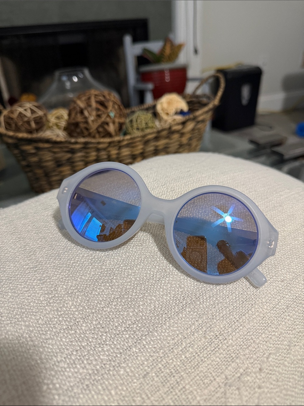 Le Specs Round Sunglasses in Light Blue with Blue Mirrored Lenses
